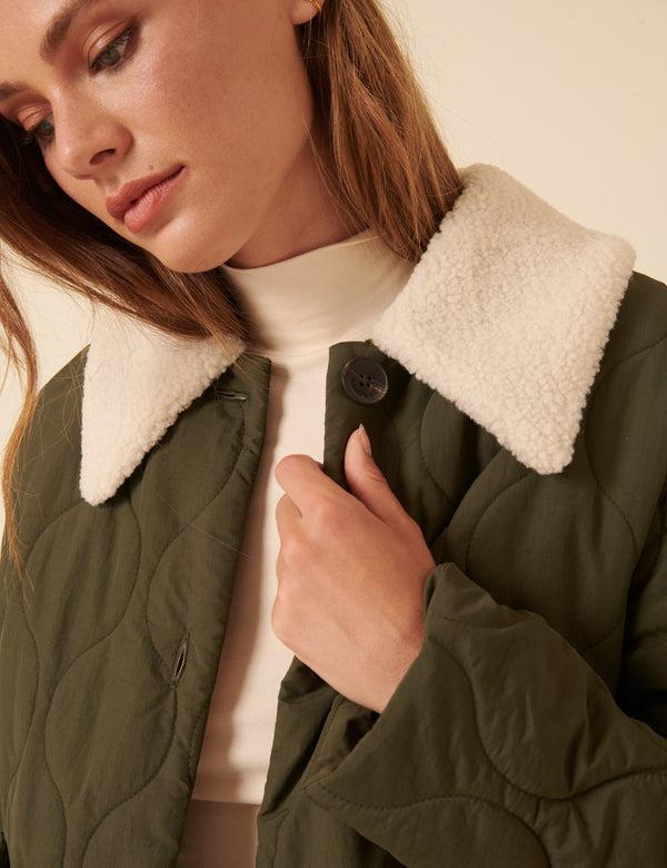 Nobody’s Child Khaki Quilted Borg Collar Jacket