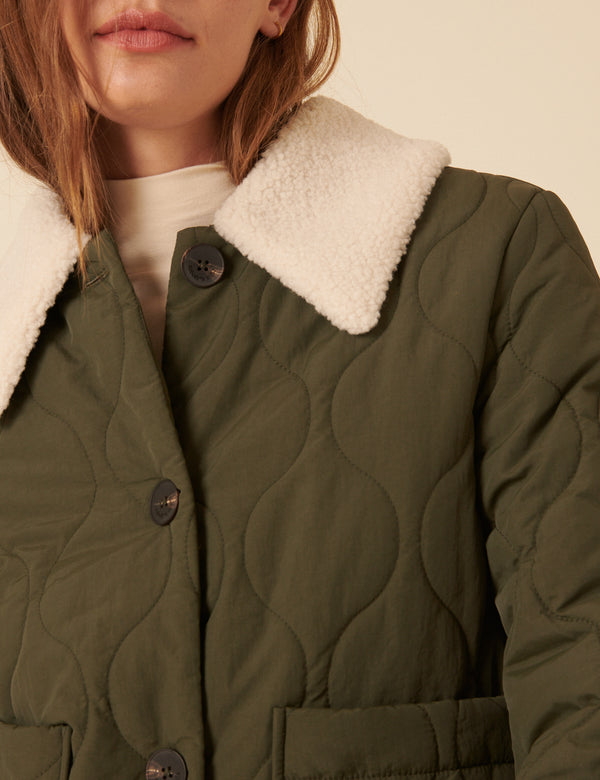 Nobody’s Child Khaki Quilted Borg Collar Jacket
