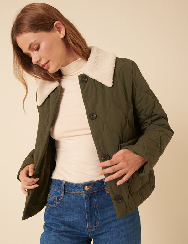 nobody’s child Khaki Quilted Borg Collar Jacket