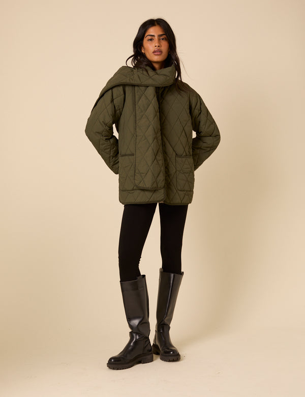 Nobody’s Child Khaki Quilted Detachable Scarf Coat