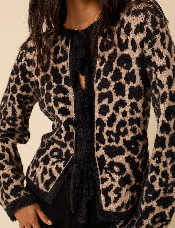 Nobody’s Child Leopard Print Tie Front Cardigan