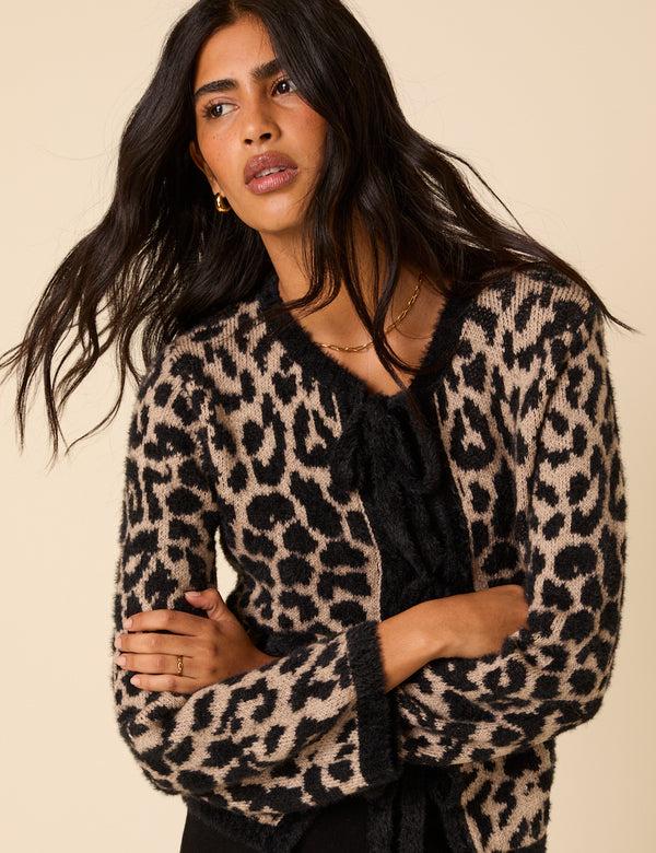 Nobody’s Child Leopard Print Tie Front Cardigan