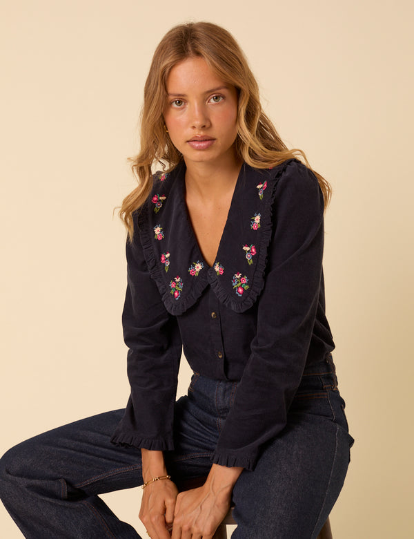 Nobody’s Child Navy Cord Floral Embroidered Blouse