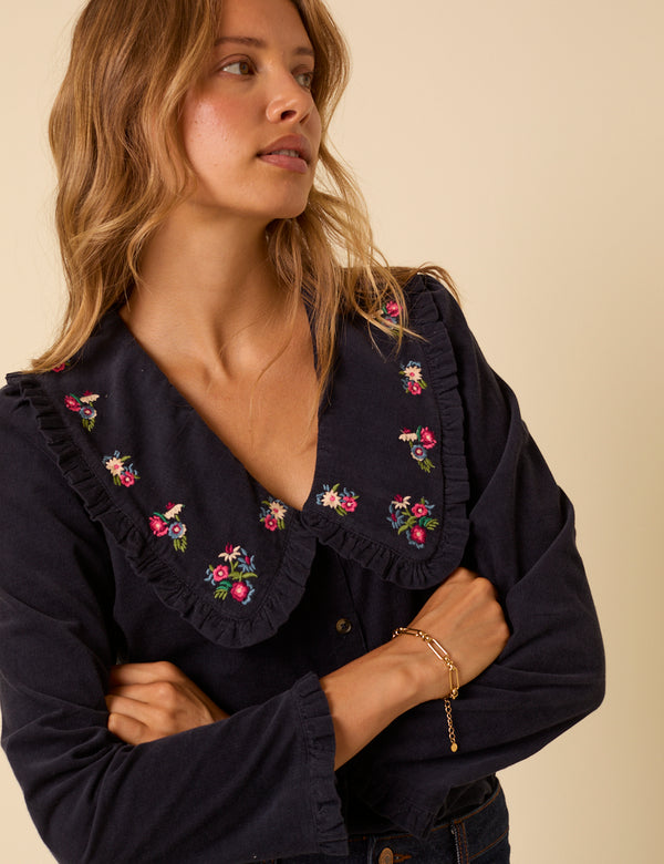 Nobody’s Child Navy Cord Floral Embroidered Blouse