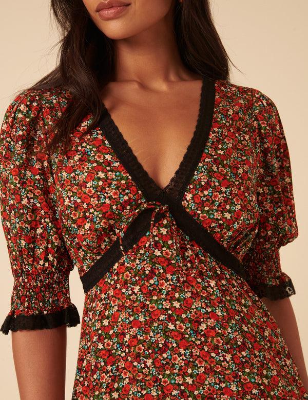 Nobody’s Child Red Ditsy Floral Sophia Midi Dress