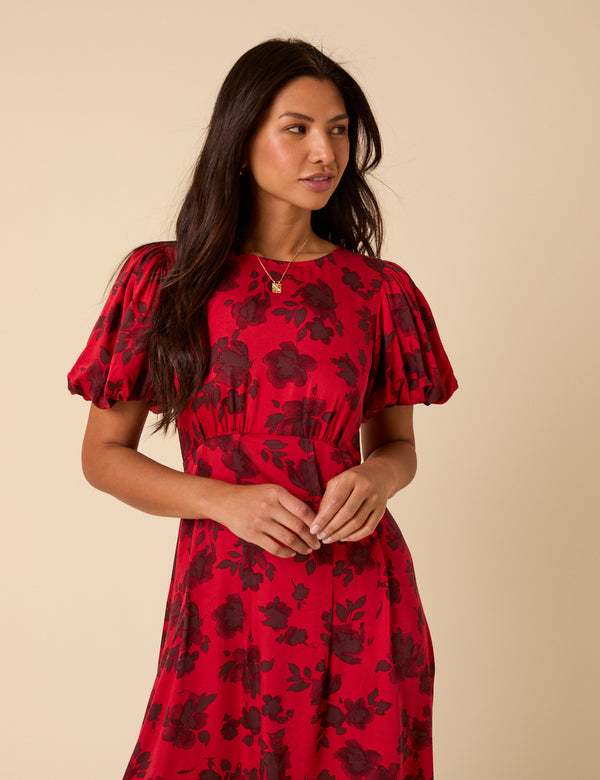 Nobody’s Child Red Puff Sleeve Quinn Midi Dress