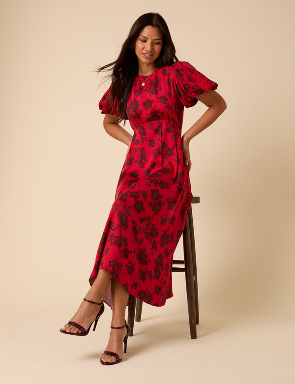 Nobody’s Child Red Puff Sleeve Quinn Midi Dress