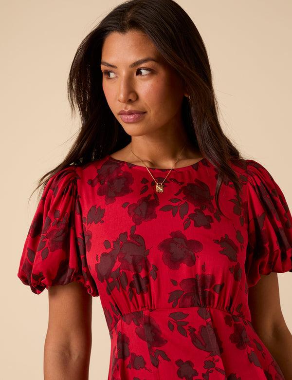 Nobody’s Child Red Puff Sleeve Quinn Midi Dress