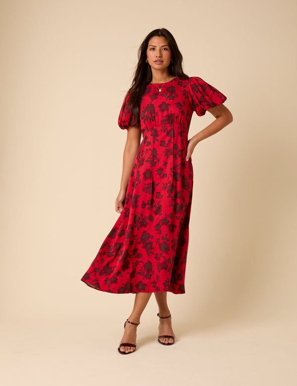 nobody’s child Red Puff Sleeve Quinn Midi Dress
