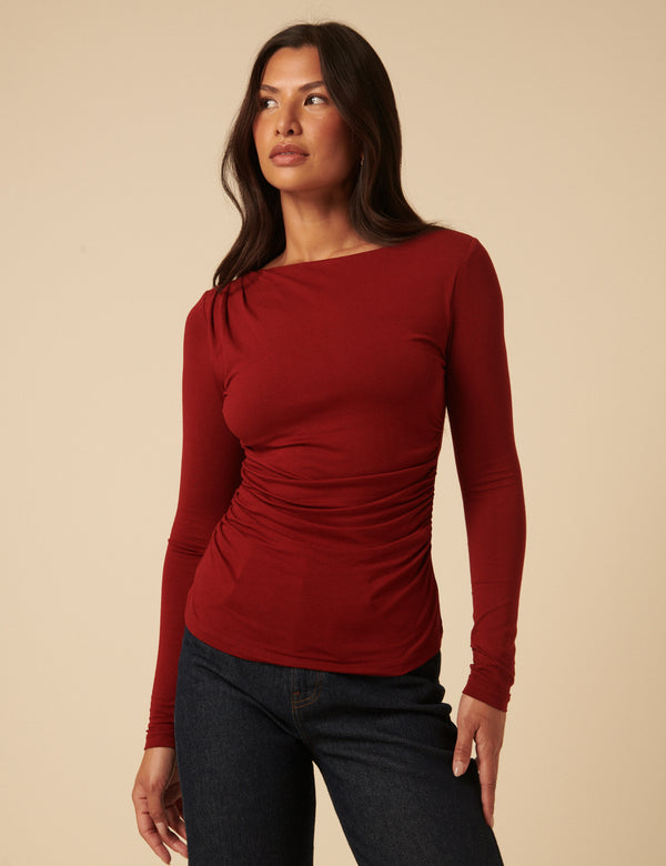 Nobody’s Child Red Ruched Long Sleeve Jersey Top