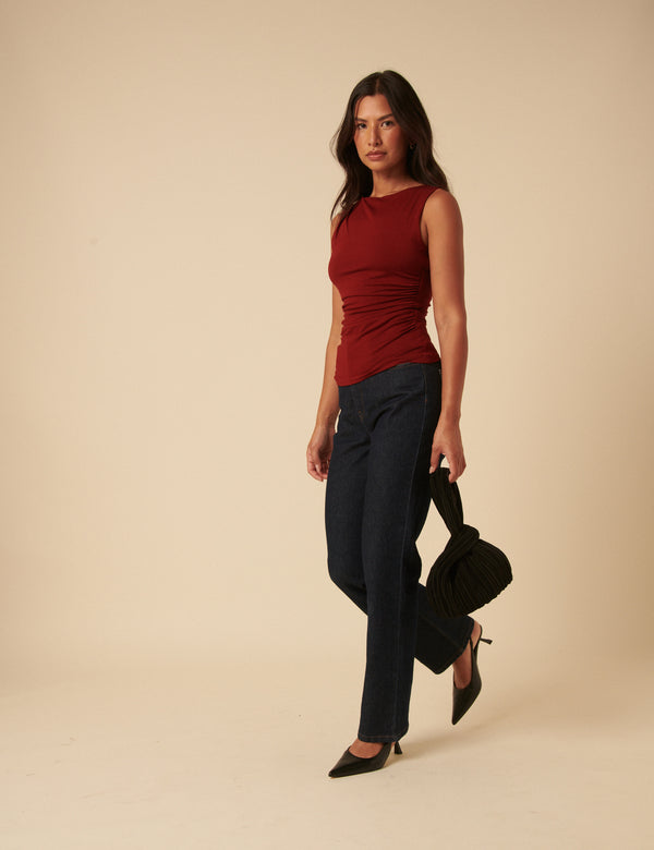 Nobody’s Child Red Ruched Sleeveless Jersey Top