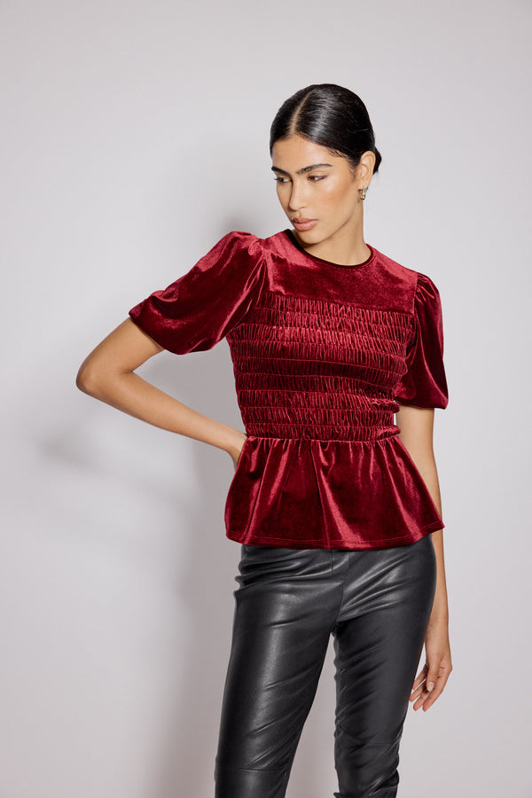 Nobody’s Child Red Velvet Puff Sleeve Peplum Top