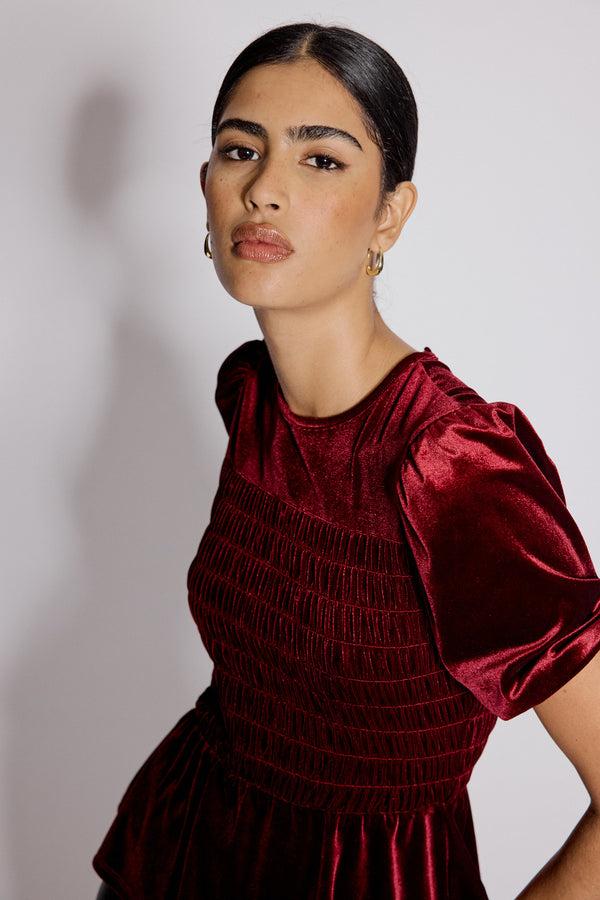 Nobody’s Child Red Velvet Puff Sleeve Peplum Top