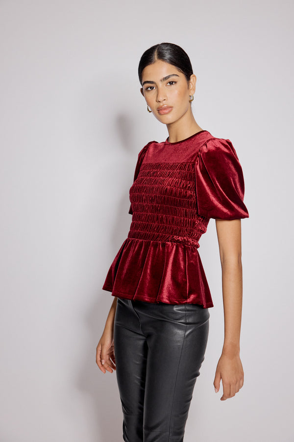 Nobody’s Child Red Velvet Puff Sleeve Peplum Top