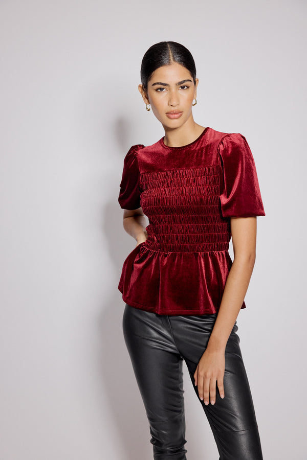 nobody’s child Red Velvet Puff Sleeve Peplum Top