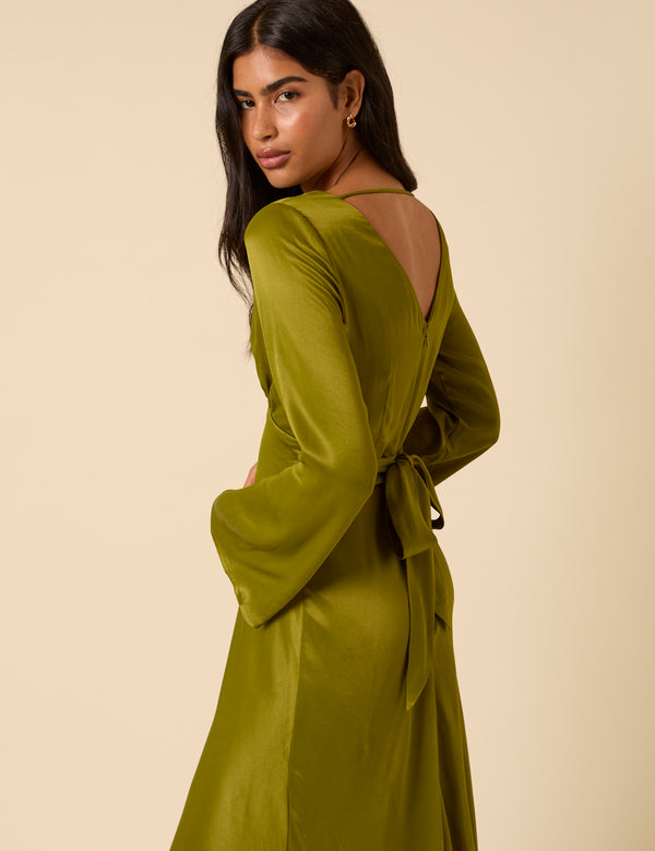 Nobody’s Child Olive Green Satin Long Sleeve Stella Midi Dress