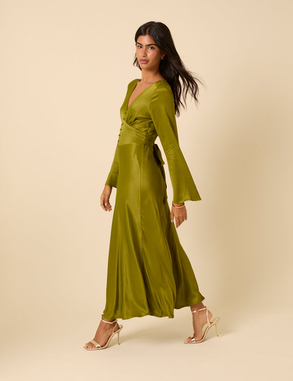 Nobody’s Child Olive Green Satin Long Sleeve Stella Midi Dress