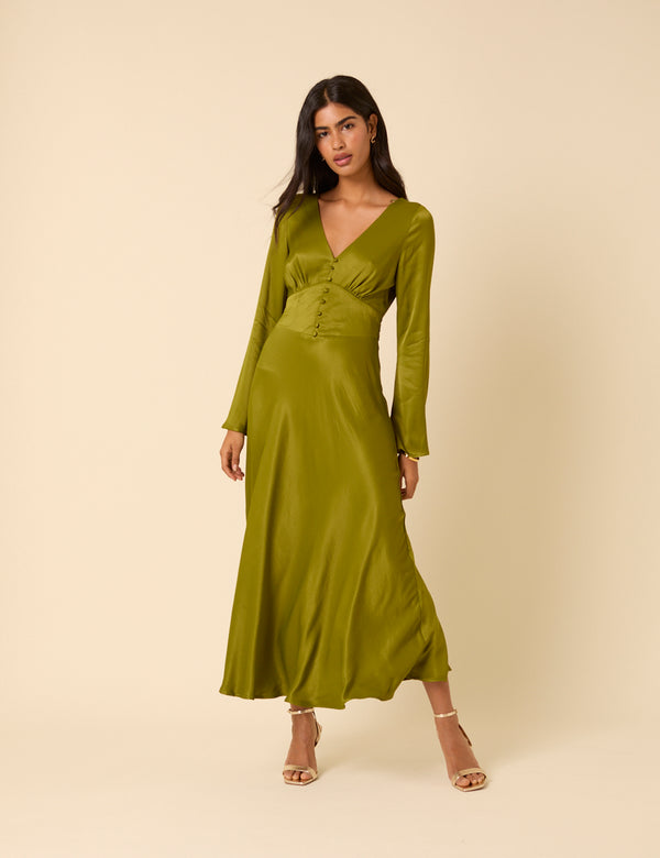 nobody’s child Olive Green Satin Long Sleeve Stella Midi Dress