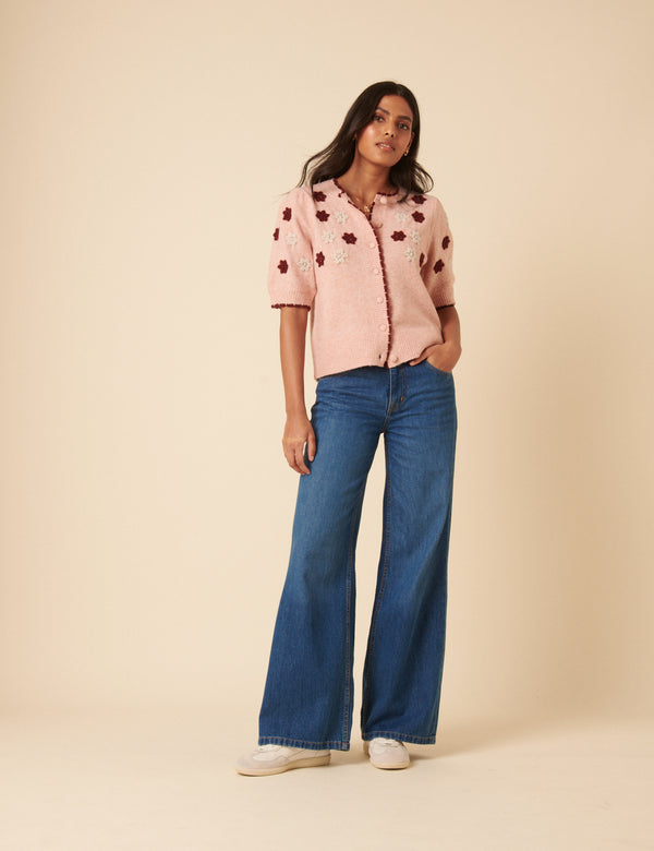 Nobody’s Child Pink Floral Yoke Embroidered Short Sleeve Cardigan