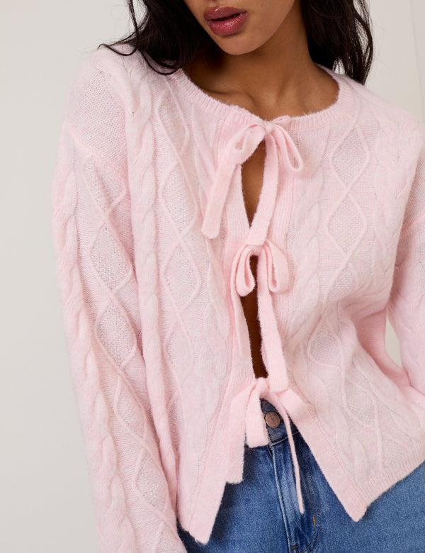 nobody’s child Pink Tie Front Cable Knitted Cardigan