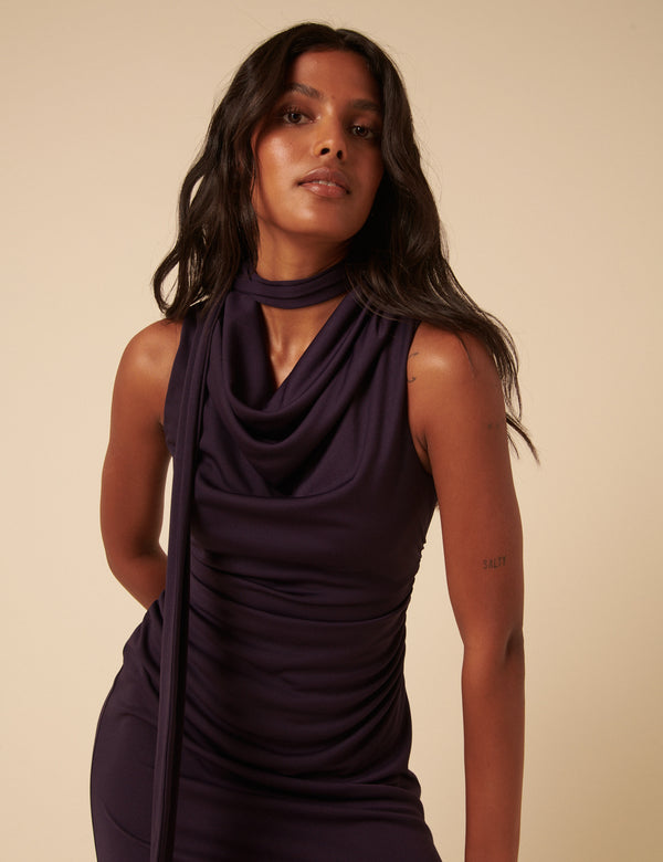 Nobody’s Child Purple Heavy Mesh Scarf Neck Detail Seren Midi Dress