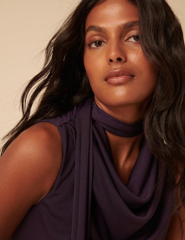 Nobody’s Child Purple Heavy Mesh Scarf Neck Detail Seren Midi Dress