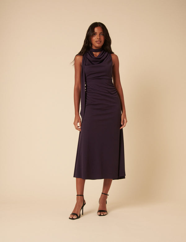 nobody’s child Purple Heavy Mesh Scarf Neck Detail Seren Midi Dress