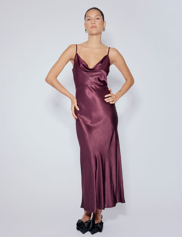 Nobody’s Child Purple Satin Cowl Neck Trixie Midi Dress
