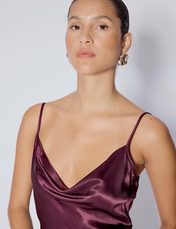 Nobody’s Child Purple Satin Cowl Neck Trixie Midi Dress