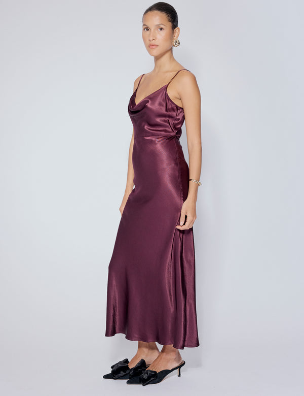 Nobody’s Child Purple Satin Cowl Neck Trixie Midi Dress