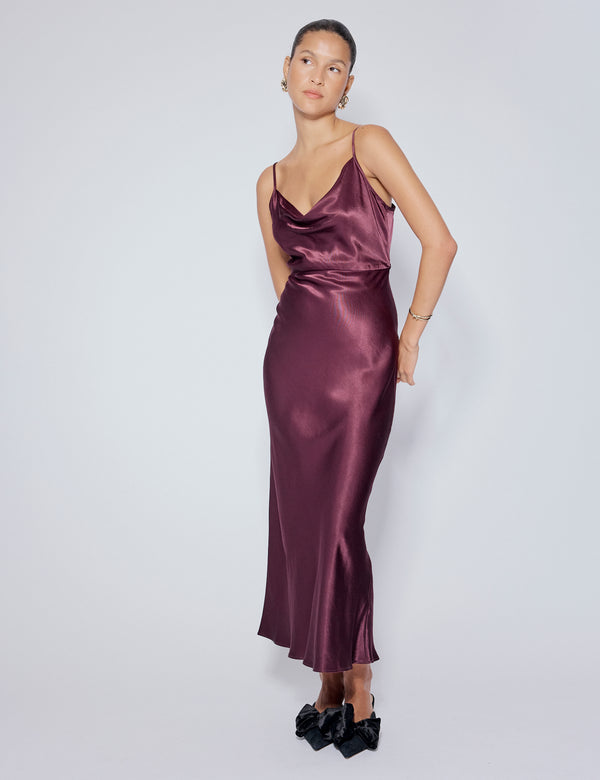 nobody’s child Purple Satin Cowl Neck Trixie Midi Dress