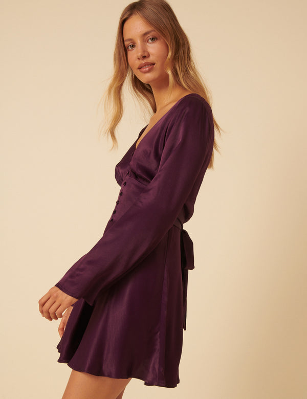 Nobody’s Child Purple Satin Long Sleeve Stella Mini Dress