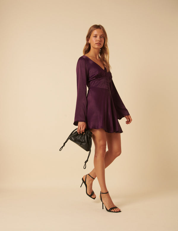 Nobody’s Child Purple Satin Long Sleeve Stella Mini Dress