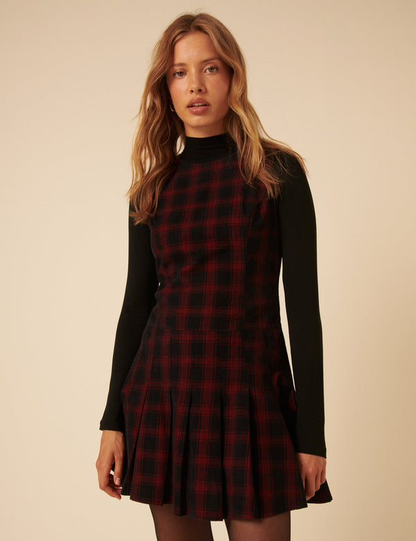 Nobody’s Child Red And Black Check Cord Merida Pinafore Mini Dress