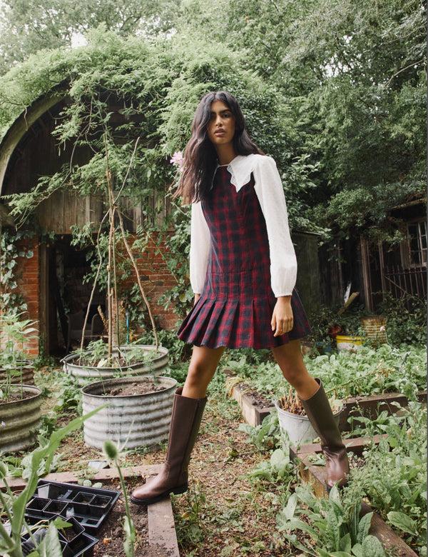 nobody’s child Red And Black Check Cord Merida Pinafore Mini Dress