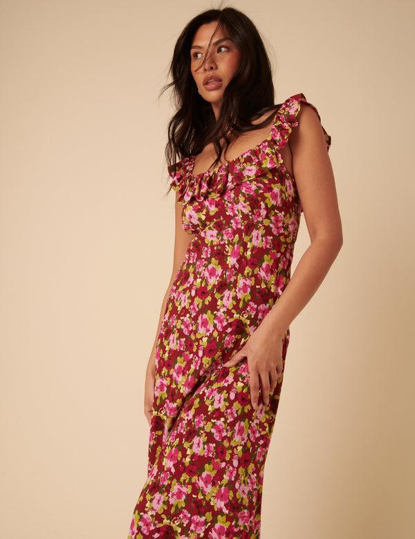 Nobody’s Child Red And Pink Floral Libby Midi Dress