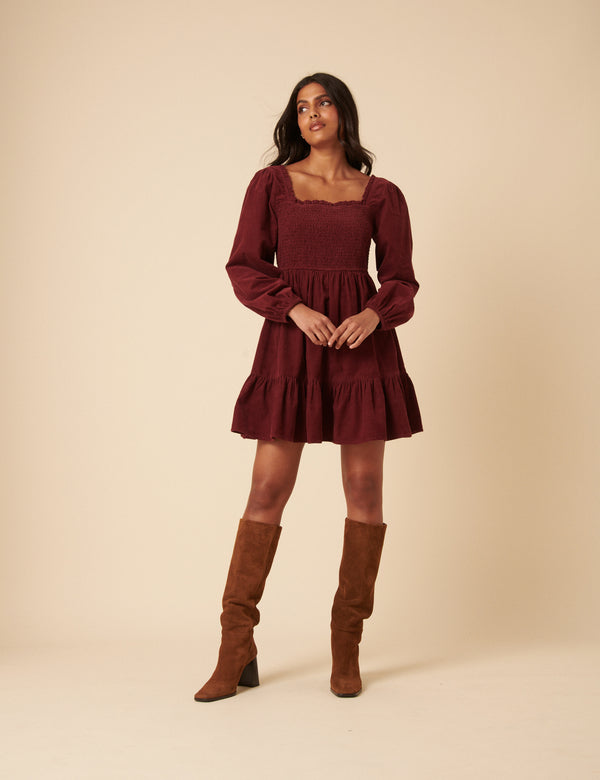 Nobody’s Child Red Balloon Sleeve Cord Tiered Elsa Mini Dress