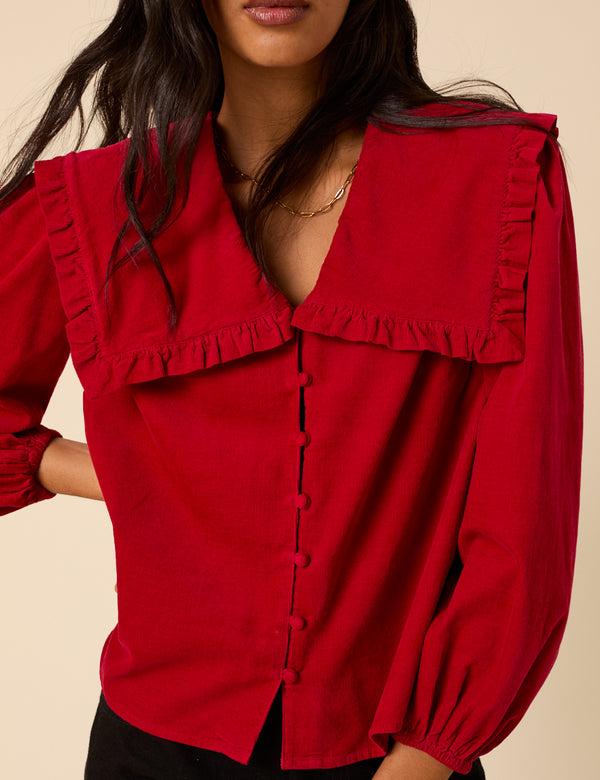 Nobody’s Child Red Cord Oversized Ruffle Collar Blouse