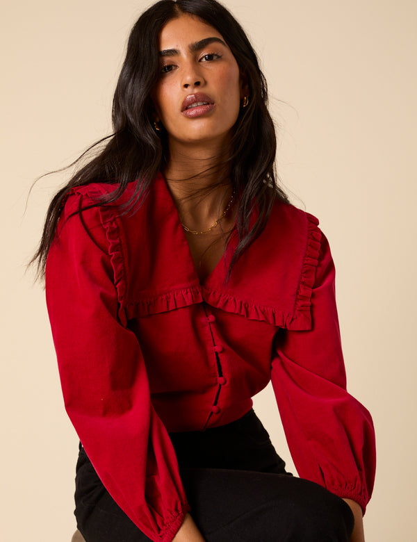 Nobody’s Child Red Cord Oversized Ruffle Collar Blouse