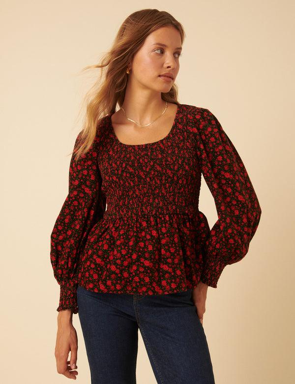 Nobody’s Child Red Floral Shirred Balloon Sleeve Top