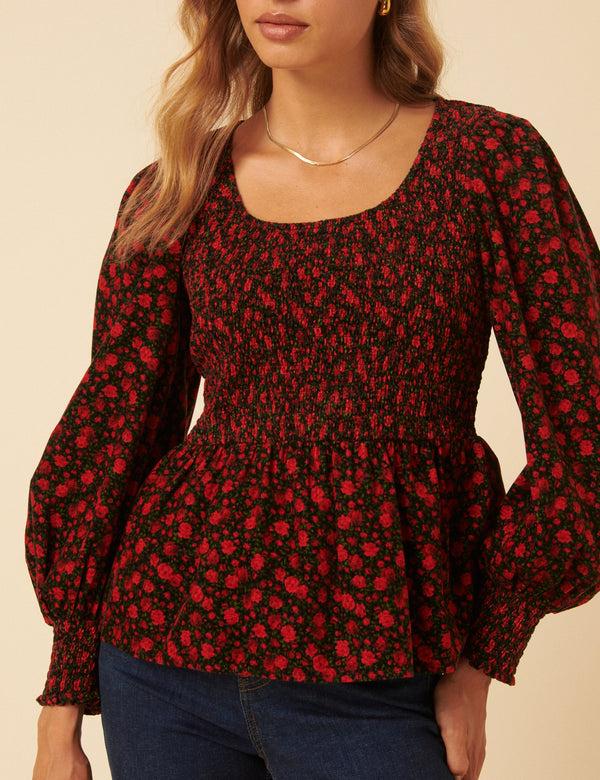 nobody’s child Red Floral Shirred Balloon Sleeve Top