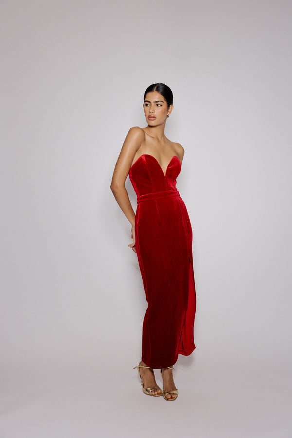 Nobody’s Child Red Sweetheart Bandeau Velvet Nola Midi Dress