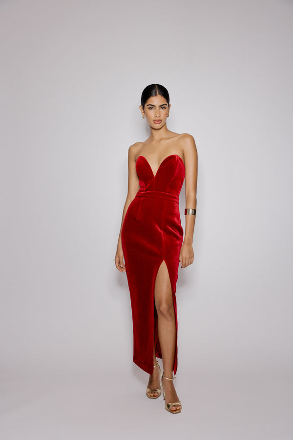 nobody’s child Red Sweetheart Bandeau Velvet Nola Midi Dress