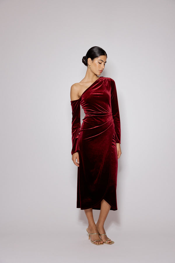 Nobody’s Child Red Velvet Asymmetric Virgo Midi Dress