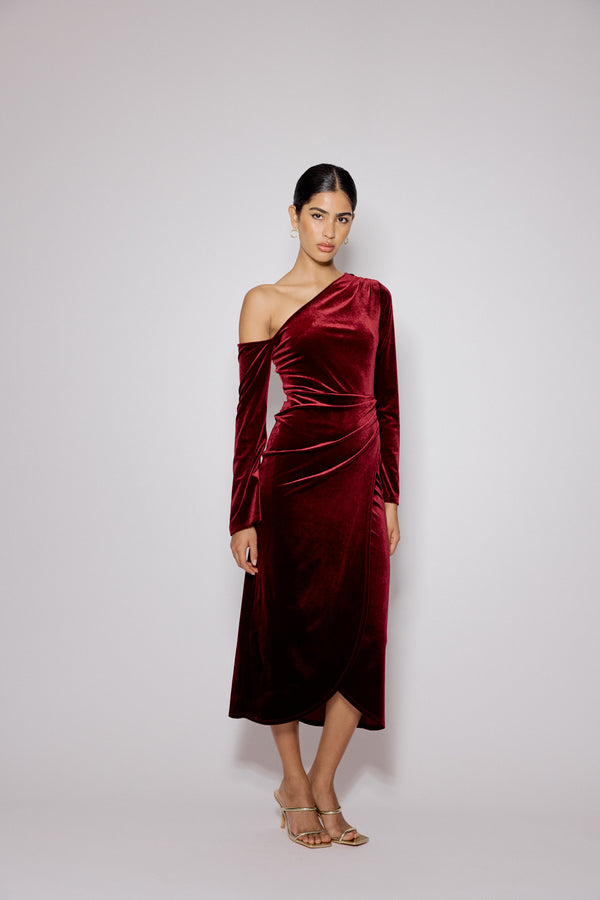nobody’s child Red Velvet Asymmetric Virgo Midi Dress