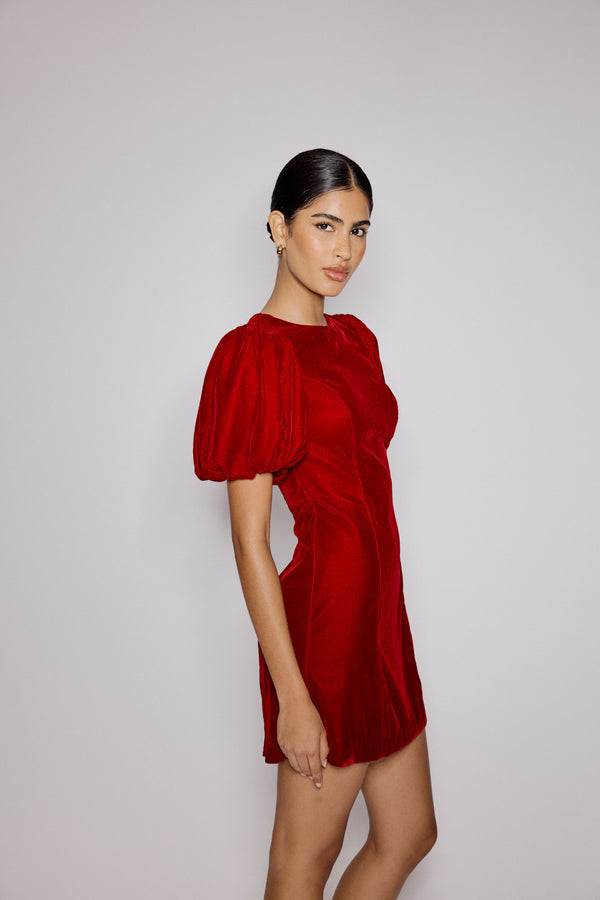 Nobody’s Child Red Velvet Puff Sleeve Boston Mini Shift Dress