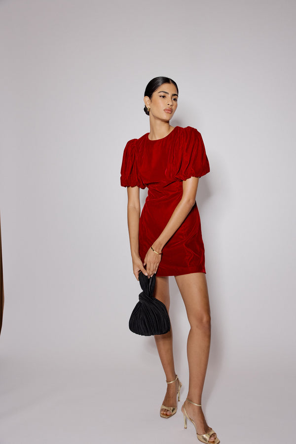 Nobody’s Child Red Velvet Puff Sleeve Boston Mini Shift Dress