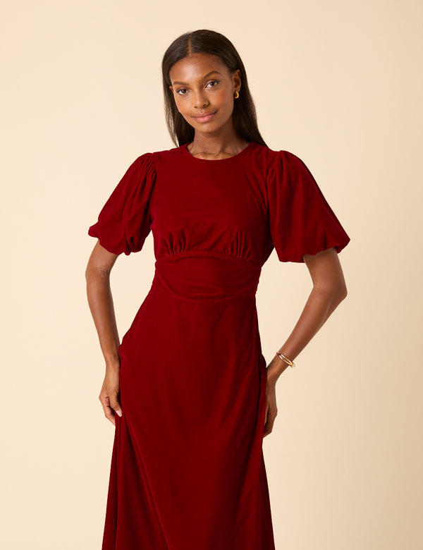 Nobody’s Child Red Velvet Puff Sleeve Zoi Midi Dress