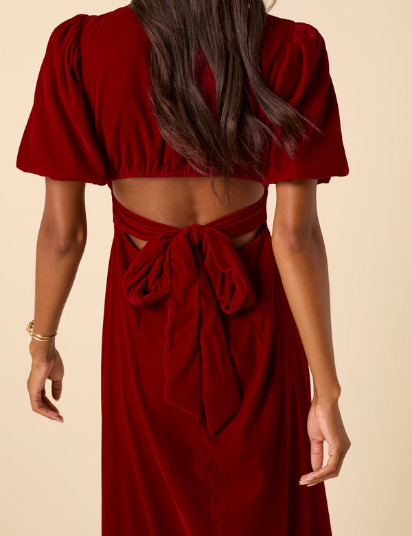 Nobody’s Child Red Velvet Puff Sleeve Zoi Midi Dress