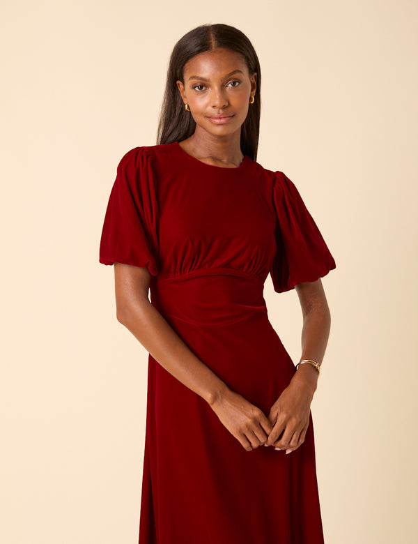 Nobody’s Child Red Velvet Puff Sleeve Zoi Midi Dress